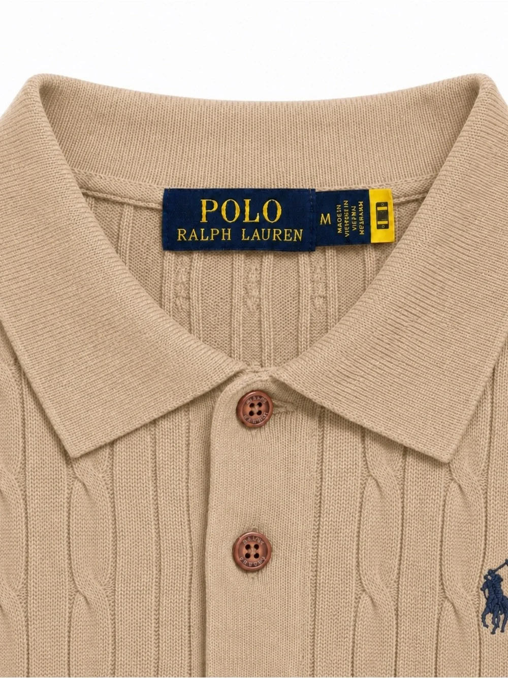 Ralph Lauren Cable-Knit Polo in Tan with Navy Pony